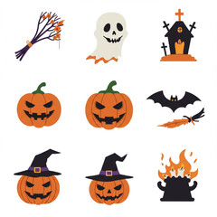 A collection of classic Halloween icons including carved pumpkins, a ghost, a tombstone, a witch's hat, a bat, and burning candles, all in a festive and spooky style.