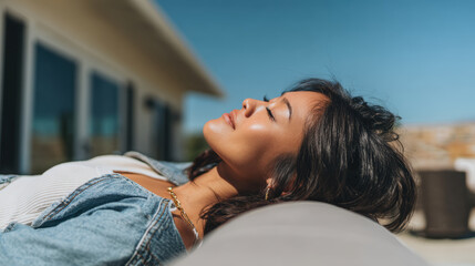 Young Asian woman relaxing outdoors, enjoying sun on comfortable lounge. Her serene expression reflects tranquility and peace