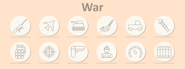 Fototapeta premium War set icon. Rifle, airplane, tank, missile strike, truck, rocket, grenade, target, pistol, soldier, speedometer, bullets in vertical alignment