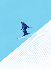 Contemporary collage of snowboarder in blue carving downhill with red cable car and stylized...