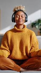 Relaxed young woman enjoying music with headphones, wearing cozy yellow sweater, sitting cross legged on sofa, radiating calmness and joy
