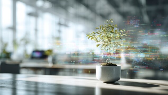 Plant in modern office, digital overlay
