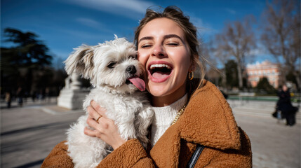 Happy woman smiling with her small dog in park, enjoying sunny day together, showcasing joy and companionship