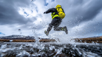 Backpacker leaps across stream, splashing water in rugged landscape under dramatic sky. scene captures adventure and excitement
