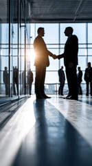 Businessmen shaking hands in bright office, showcasing professional agreement and collaboration. silhouettes create dramatic effect