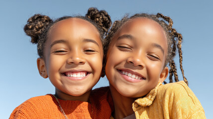 Cheerful sisters expressing joy and closeness, smiling brightly against clear blue sky. Their happiness radiates warmth and love