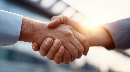 Close up of handshake between business professionals, symbolizing agreement and collaboration in bright environment