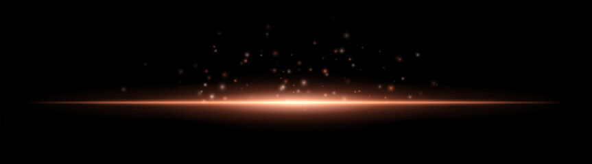 Horizontal light beam with scattered particles rising upward. Bright center with smooth radial glow and dispersed floating elements above.