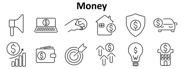 Money set icon. Includes coin on loudspeaker, dollar on laptop, hand holding coin, coin near house, shield, car, bar chart, wallet, target, arrows, lightbulb, building