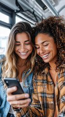 Happy friends enjoying moment together while looking at smartphone, sharing laughter and joy in cozy setting