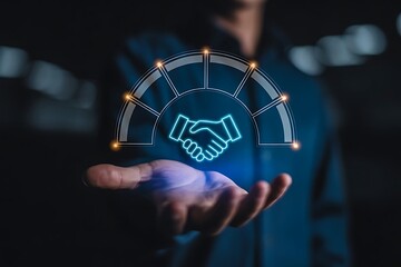 Digital handshake concept with holographic projection and progress indicator on a dark background