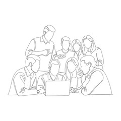 Digital Team Collaboration: A minimalist line drawing captures the essence of a collaborative meeting, featuring a group of colleagues gathered around a laptop, highlighting teamwork and innovation.
