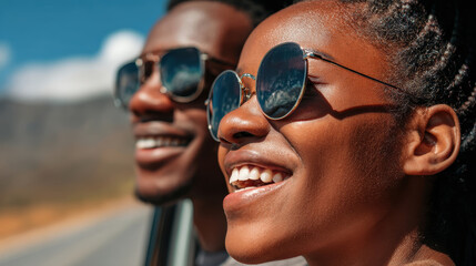 Smiling couple wearing trendy sunglasses, enjoying sunny day on road trip, radiating happiness and joy