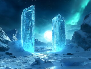 Majestic ice pillars under the aurora borealis sky