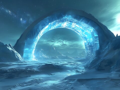 Glowing blue portal opens in icy mountainous landscape