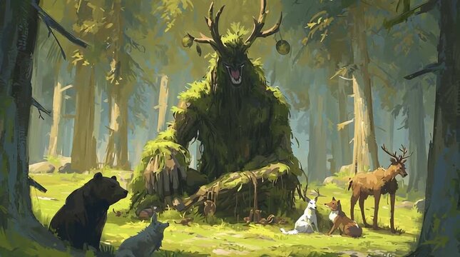 The Leshy depicted as a towering forest giant, mythological Slavic spirit blending with ancient trees in a mystical woodland scene.
