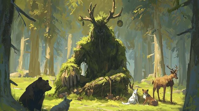 The Leshy depicted as a towering forest giant, mythological Slavic spirit blending with ancient trees in a mystical woodland scene.
