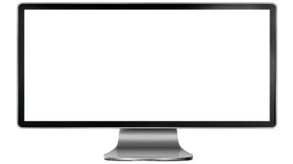 Realistic computer monitor mockup — silver desktop display with slim bezel, blank screen template, front view isolated on white, high-resolution PNG cutout with transparent background