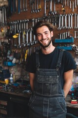Morning in a bike repair shop with tools on the wall A young man offers free tune-ups for delivery workers The mood is generous and hardworking, Generative AI