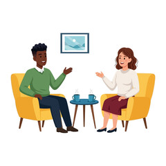 Intimate Conversation over Coffee: Two individuals engaged in a candid chat, seated comfortably in a brightly lit room, with cups of coffee on a small table, symbolizing connection and shared moments.