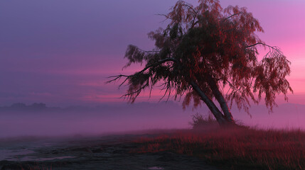 Leaning Tree in a Foggy, Misty Landscape at Sunrise