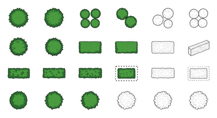 Top-down view of various landscape design elements, including shrubs, hedges, and rectangular blocks.