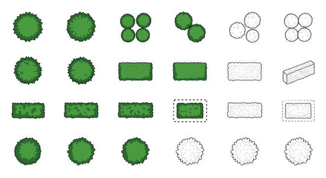 Top-down view of various landscape design elements, including shrubs, hedges, and rectangular blocks.