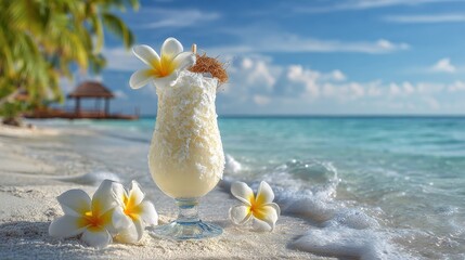 Pina Colada Beach. Exotic Cocktail with Coconut and Frangipani Flower on Tropical Beach