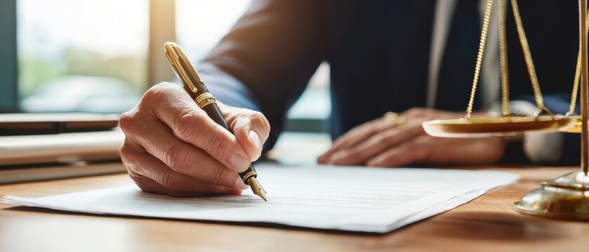 The document signing process by a legal professional in an office setting.