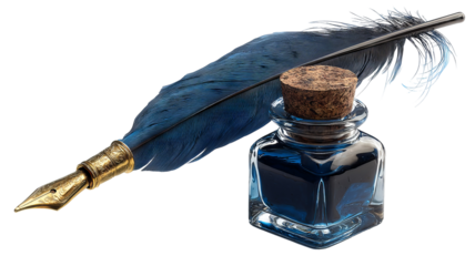 Elegant blue feather quill pen in glass ink bottle — high-resolution isolated PNG style with transparent background feel, ideal cutout for calligraphy art, writing themes, stationery design