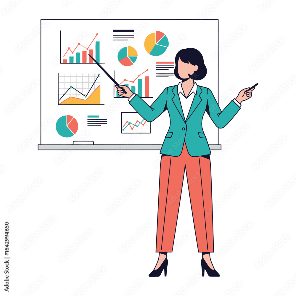 Poster Data Analyst in Presentation: A focused data analyst stands before a presentation board, meticulously pointing to charts and graphs.