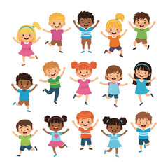 Playful Bunch: A vibrant assembly of diverse children radiates pure joy as they jump and play, embodying the spirited essence of childhood in a spirited illustration.