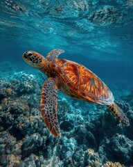 Fototapeta premium Sea Turtle Species. Green Sea Turtle Swimming Over Reef - Wildlife of Hawaiian Ocean