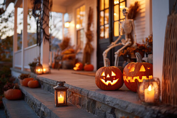 Obraz premium Halloween decorations create a cozy atmosphere on a front porch during twilight