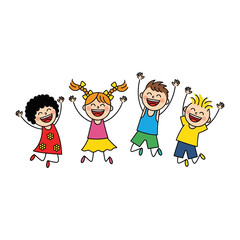 Joyful leaps and bounds: Four kids jumping and laughing with arms in the air, a lively depiction of children's happiness.