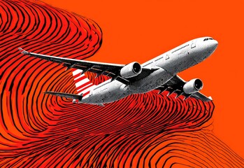 Airplane soaring through a dynamic, distorted red pattern