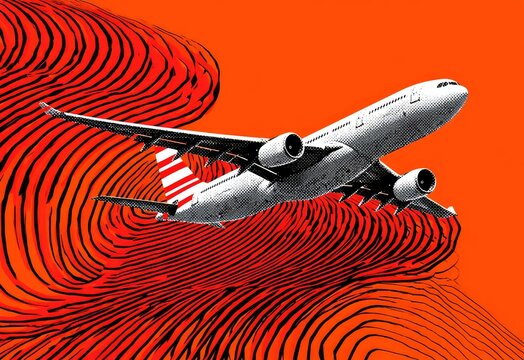 Airplane soaring through a dynamic, distorted red pattern