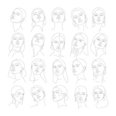 Line Art Portrait Collection: A minimalist collection of diverse women faces. Each portrait is crafted using a single, continuous line, emphasizing elegant curves and delicate details.