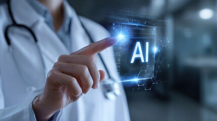 Healthcare professional interacts with glowing artificial intelligence display in a modern medical facility