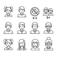 Age Restriction Symbols: A collection of minimalistic, line-art icons presenting an array of ages and restrictions, providing at-a-glance information on age suitability and group dynamics.