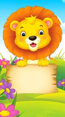 Fototapeta premium Cute lion with a blank sign in a grassy landscape