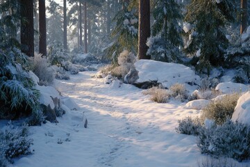 Fototapeta premium Snowy forest path bathed in sunlight