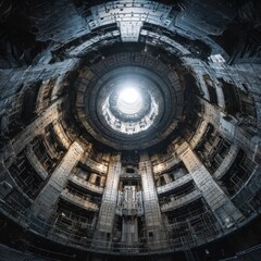 Naklejka premium Abandoned power plant interior, circular structure, light shaft, industrial decay, potential urban exploration photo
