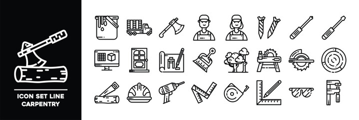 Set of Line Style Vector Icons Representing Carpentry Tools and Workers.