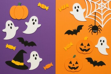 Halloween vertical background with paper cutouts of pumpkins, ghosts, bats, candy, witch hat, and spider on split purple and orange backgrounds for festive posts