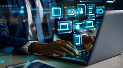 Document management system DMS. Folder structure and classification system. File and folder icons. Businessman using laptop computer for controlling document 