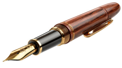 Naklejka premium Elegant wooden fountain pen with polished gold nib, high-resolution isolated PNG cutout on transparent background, premium stationery design element for branding, luxury writing accessories