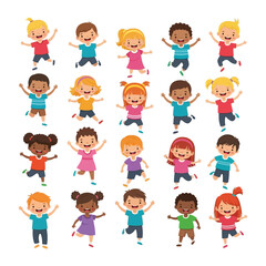 Joyful Leap: A collection of diverse children in animated leaping pose. Illustrating the vibrant energy of youth, their faces alight with glee.