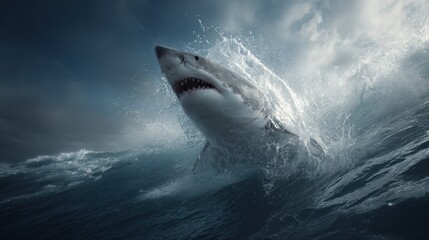Fototapeta premium Shark Bite. Megalodon Shark Emerging from the Deep Blue Sea Waves