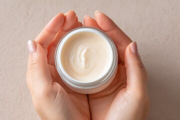Hands holding a jar of creamy moisturizer, showcasing a smooth texture, with a soft background that enhances the product's luxurious appeal and skincare benefits